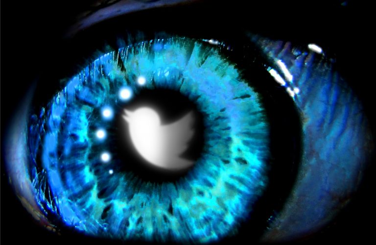 Twitter logo reflected on the eyes. Editorial use only.