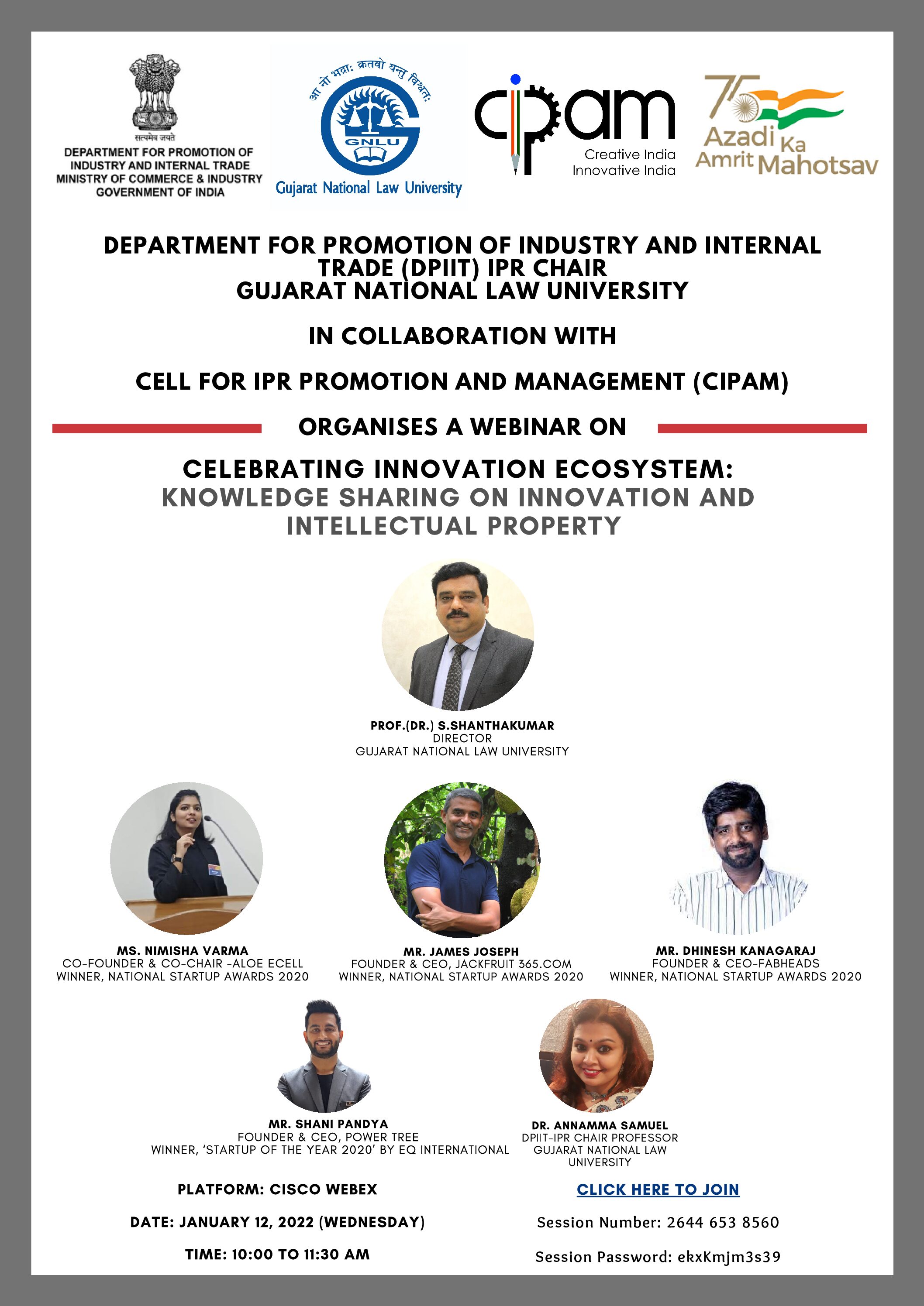 IPR WEBINAR INNOVATION WEEK DPIIT IPR CHAIR GNLU AND CIPAM