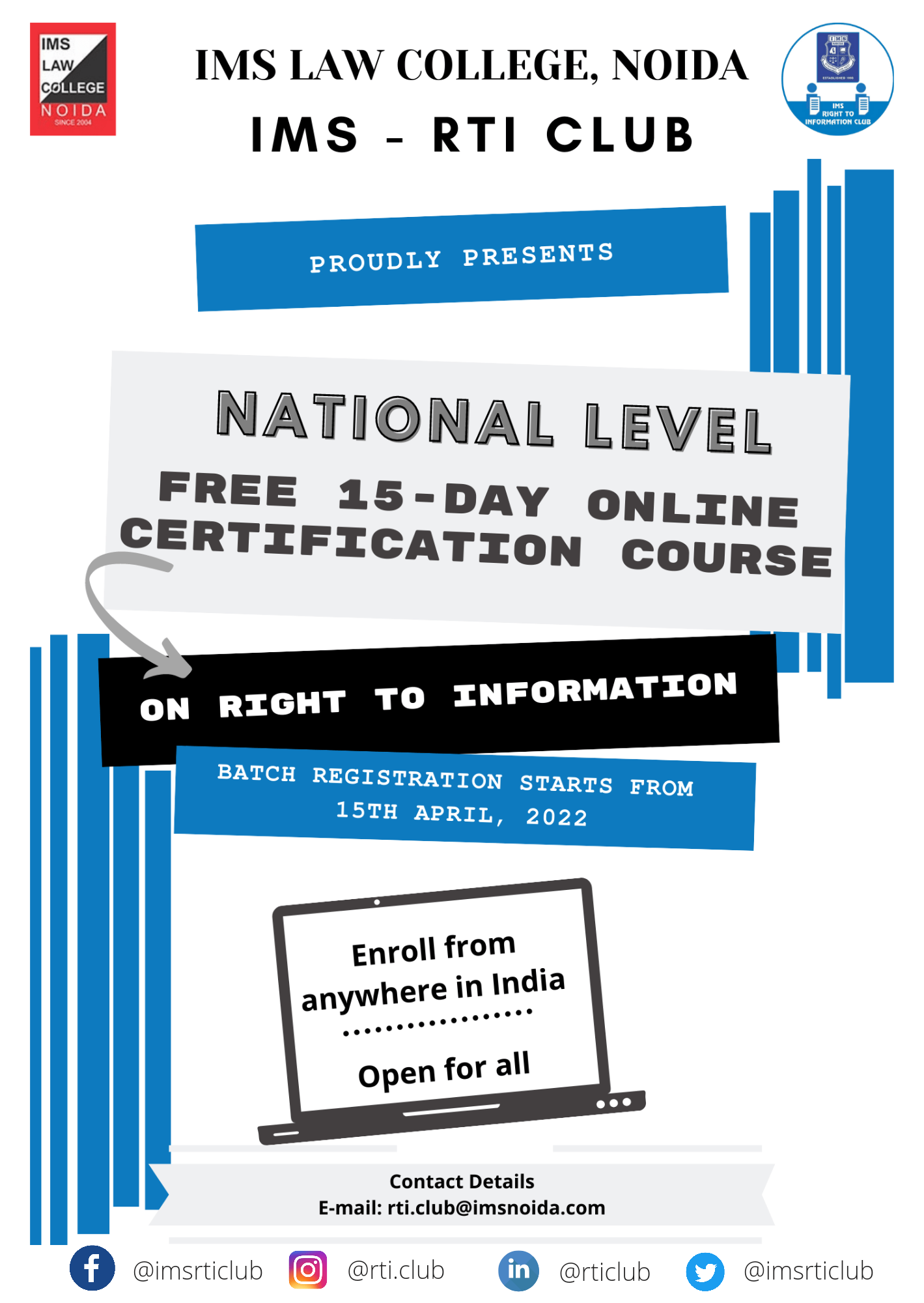 Poster - RTI National Free 15-Day Online Certificate Course by IMS RTI CLUB of IMS Law College, Noida